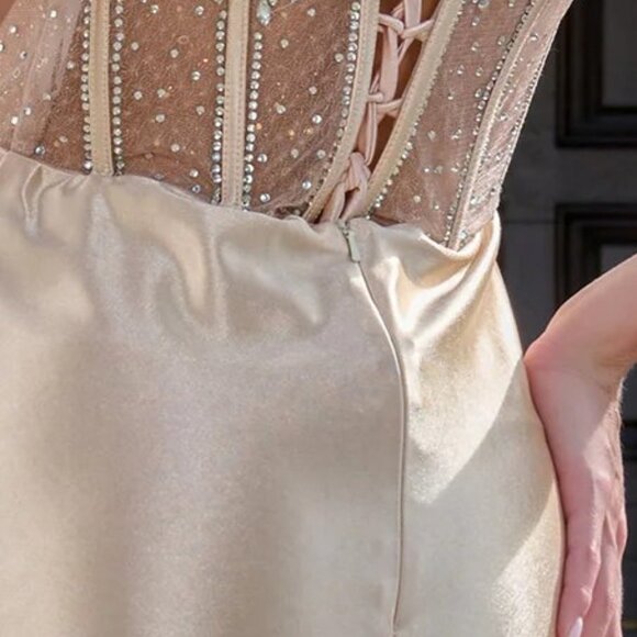 New Sheath Strapless Soft Satin Gown w/ Rhinestones Embroidery & Leg Slit GL3679 - Picture 11 of 13